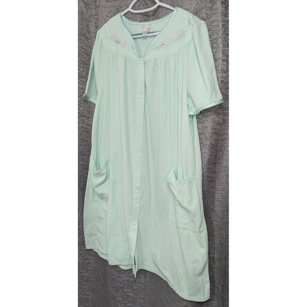 Vtg Adonna Housecoat Muu Muu/ Moo Moo Womens  XL lt Bl/Grn Snap SS Embroidery
